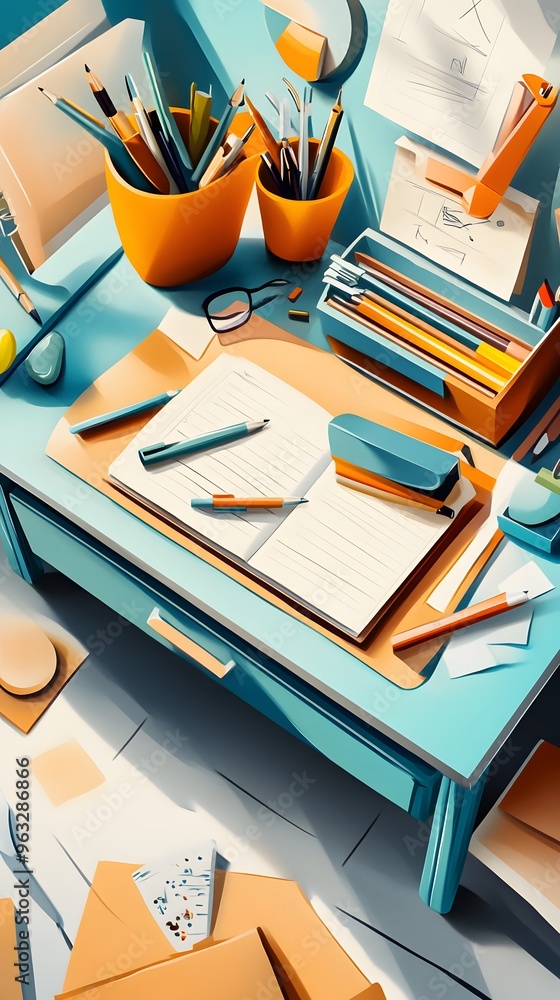 Poster creative workspace with notebook, pencils and stapler.
