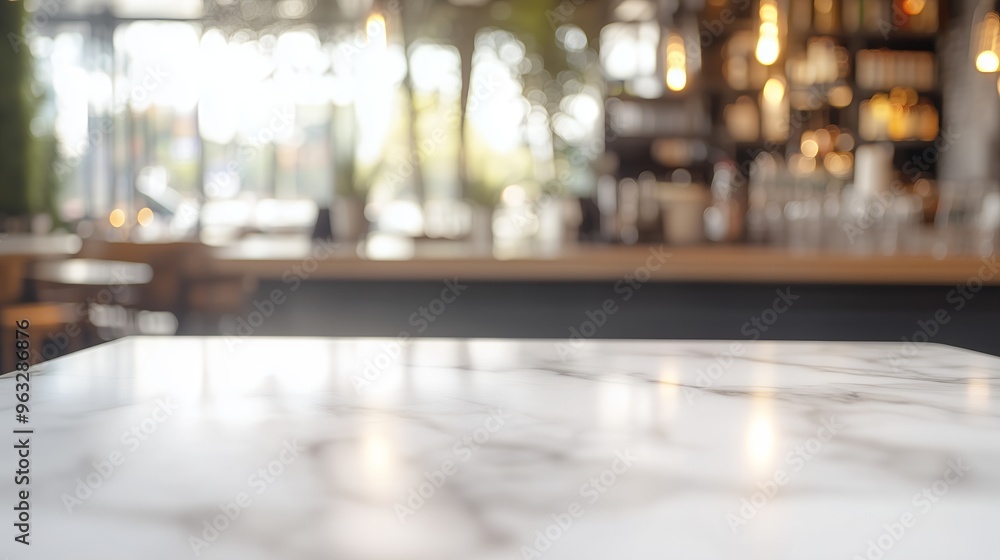 Poster empty marble tabletop with blurred background of a bar or restaurant with lighting.