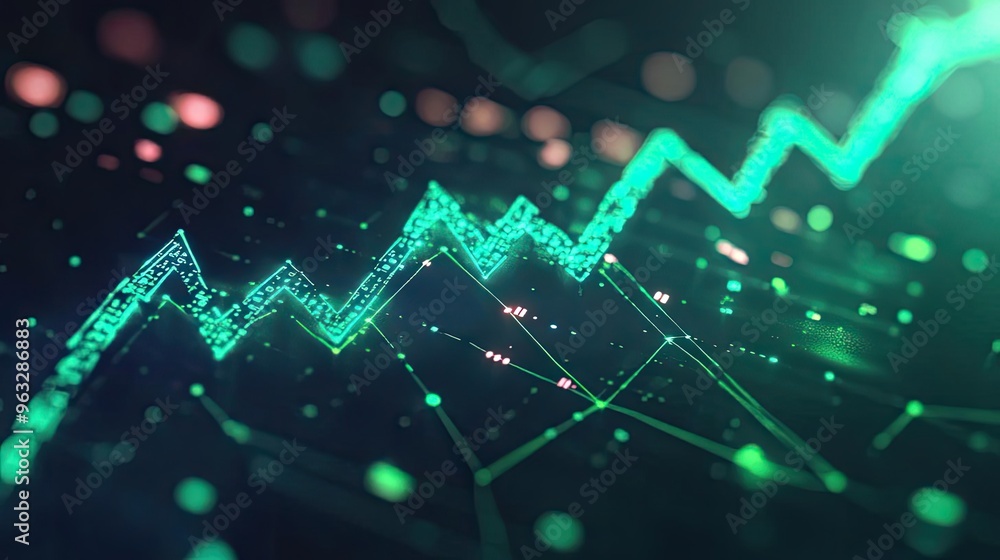 Poster dynamic digital graph showcasing an upward trend with vibrant green lines and glowing elements on a 