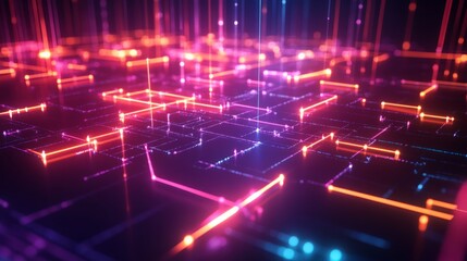 Naklejka premium High-tech data network, glowing with neon lines and geometric nodes,