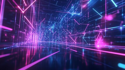 Fototapeta premium High-tech data network, glowing with neon lines and geometric nodes,