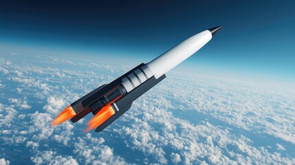 A modern rocket soaring through the atmosphere, showcasing advanced technology and power against a backdrop of blue sky.