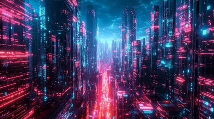 Fototapeta premium Surreal neon city with towering holographic data bars,