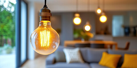 Energy Efficient Home: A modern living room with energy-saving light bulbs and smart power strips.