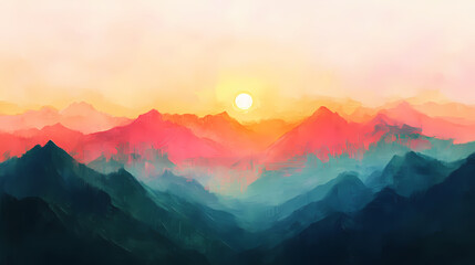 Obraz premium Majestic mountains glowing in sunset hues, impressionistic oil painting style, thick and bold strokes, warm pink and orange tones, hand-painted texture. Impressionistic. Illustration