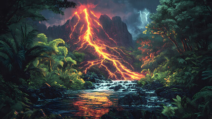 Obraz premium Marvel at the volcanic lightning illuminating a stream with a vibrant fish population, a dance of light and life. Volcanic. Illustration