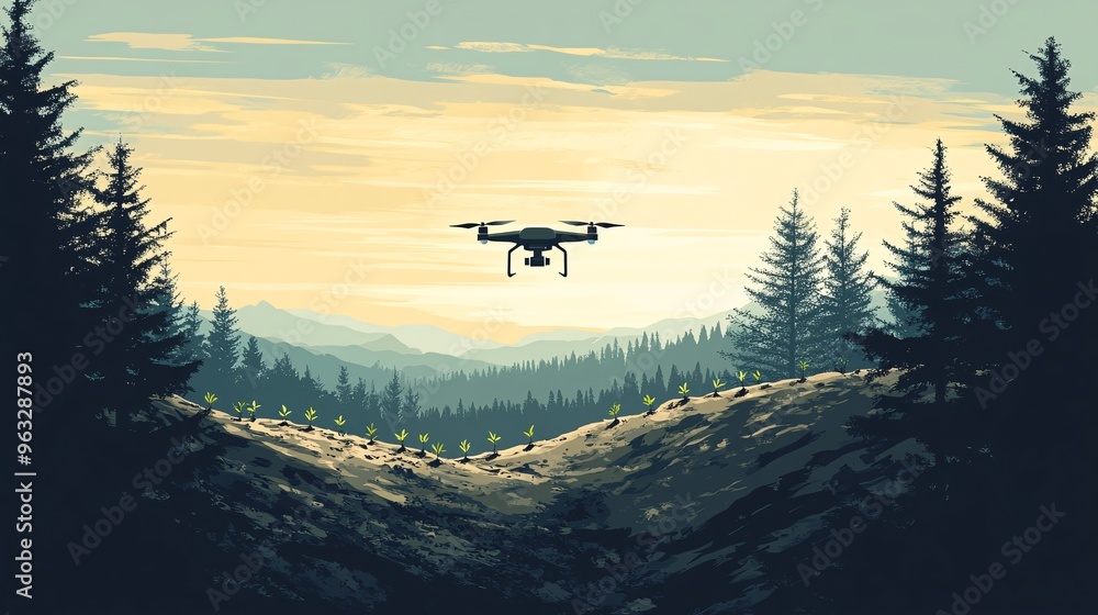 Poster Drone reforesting a hillside with automated planting system in action seedlings growing on the ground with sunlight beaming through the trees Flat design Vector look Digital art Large space for text