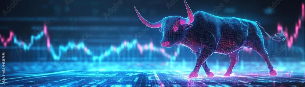 Poster abstract image of a bull symbolizing growth in finance with dynamic graphs representing market trend