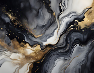 Luxury abstract fluid art painting in alcohol ink technique, mixture of gray, black gold paints background