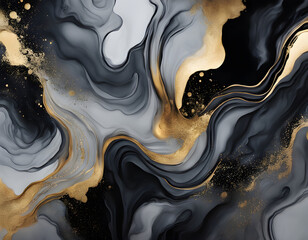 Luxury abstract fluid art painting in alcohol ink technique, mixture of gray, black gold paints background