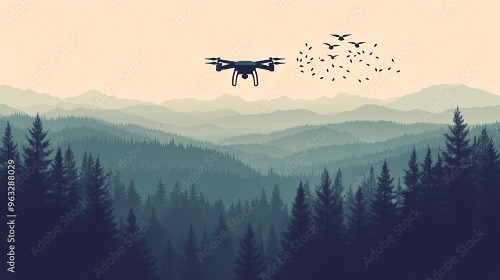 Poster high-tech drone scattering seeds over a clear-cut forest area while trees are beginning to grow back