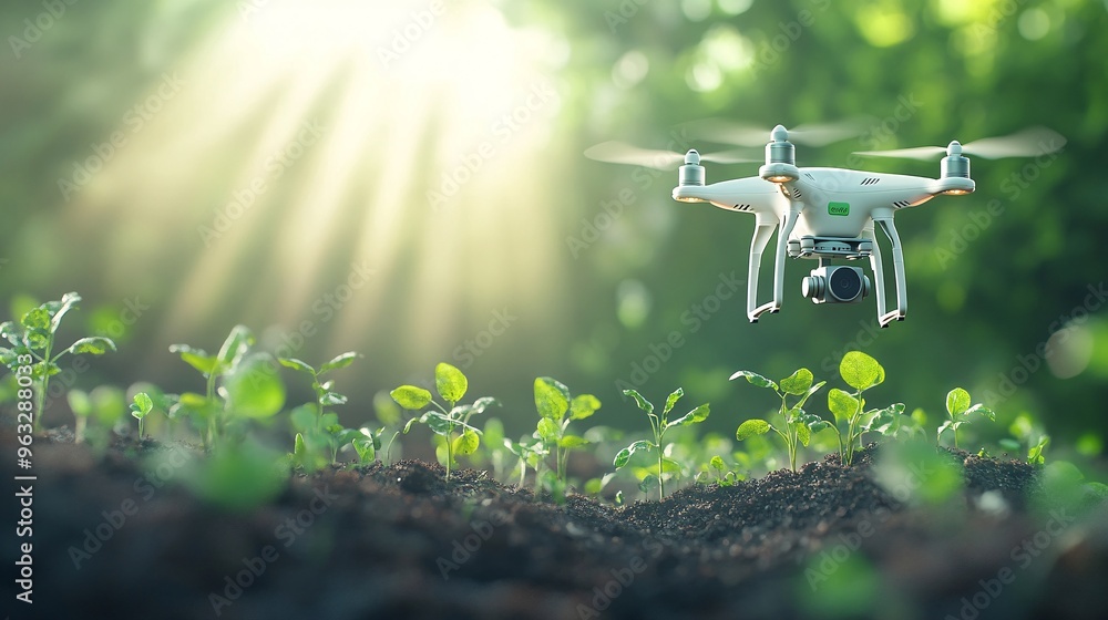 Poster Drone reforesting a hillside with automated planting system in action seedlings growing on the ground with sunlight beaming through the trees Flat design Vector look Digital art Large space for text