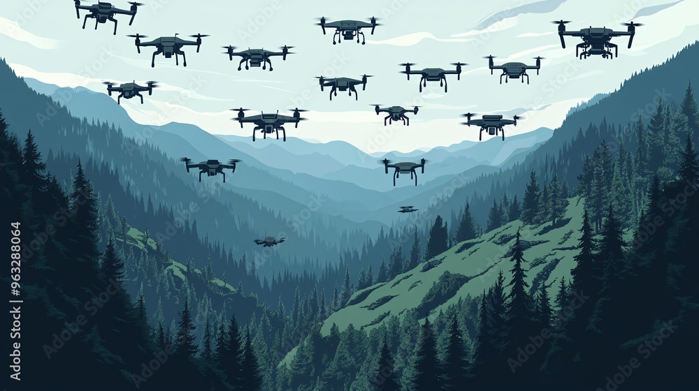 Poster A swarm of drones hovering over a deforested valley dispersing seeds with new growth emerging in patches Flat design Vector look Digital art Large space for text in center Stock Photo with copy space
