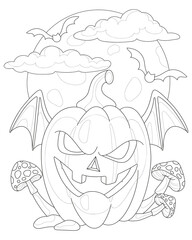 Halloween. Pumpkin, bats and fly agarics. Coloring for adults and children.