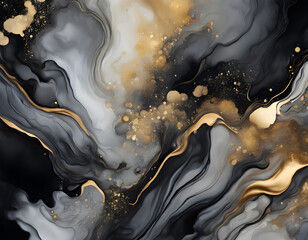 Luxury abstract fluid art painting in alcohol ink technique, mixture of gray, black gold paints background