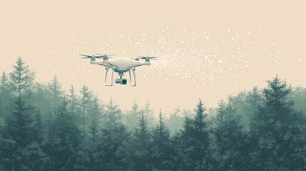 High-tech drone scattering seeds over a clear-cut forest area while trees are beginning to grow back in the distance Flat design Vector look Digital art Large space for text in center Stock Photo