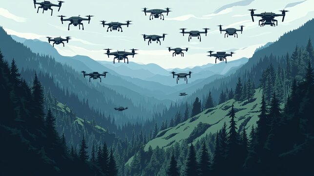 A swarm of drones hovering over a deforested valley dispersing seeds with new growth emerging in patches Flat design Vector look Digital art Large space for text in center Stock Photo with copy space