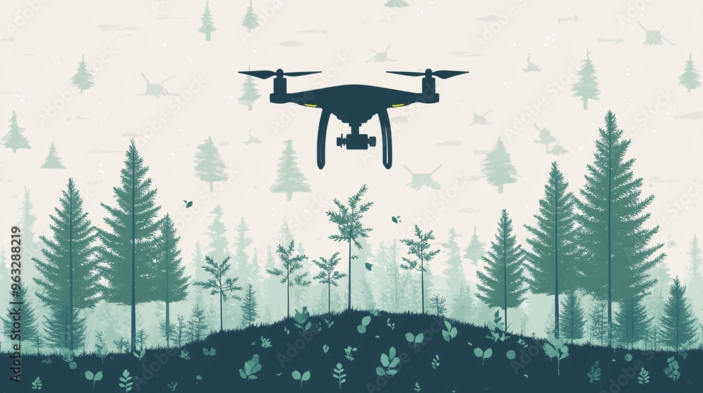 Poster drone flying low over a clear-cut area with seedlings being dropped onto the ground trees beginning 