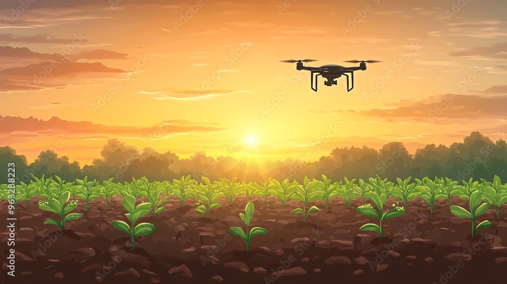 Poster drone flying low over a clear-cut area with seedlings being dropped onto the ground trees beginning 