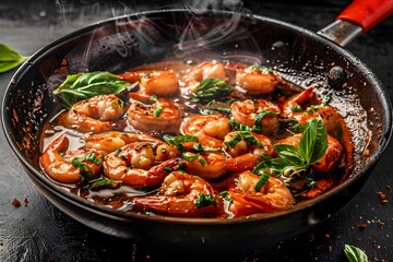 Succulent shrimp cooked in a savory garlic sauce, garnished with fresh basil.