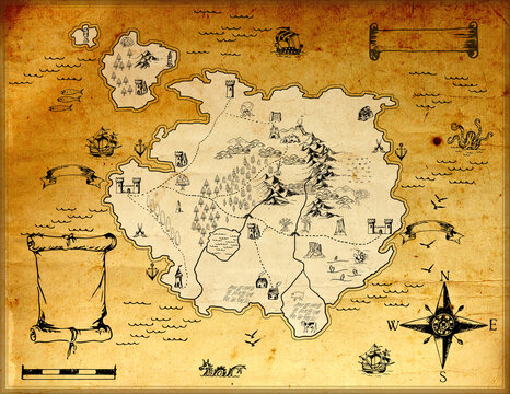 Old hand drawn vintage fantasy map with symbols on aged paper