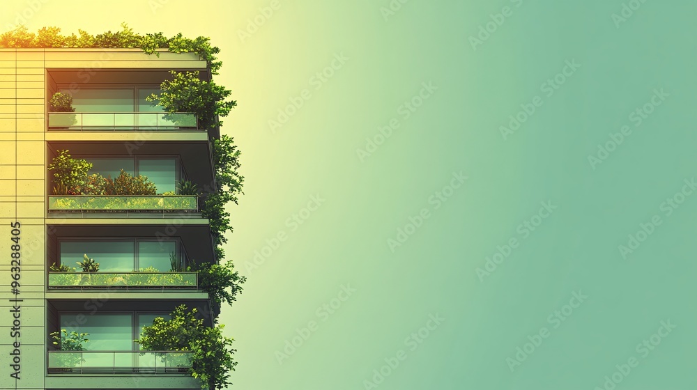 Poster skyscraper with green plants growing on balconies and rooftop gardens sustainable urban design flat 