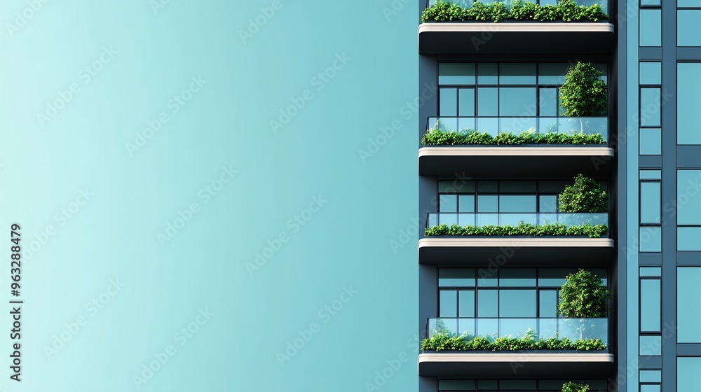 Poster skyscraper with green plants growing on balconies and rooftop gardens sustainable urban design flat 