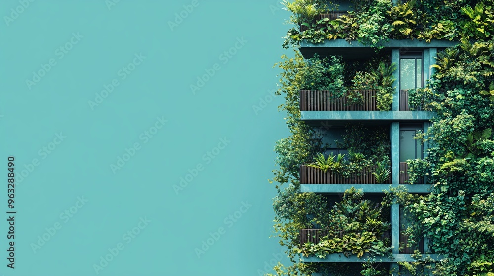 Poster skyscraper with green plants growing on balconies and rooftop gardens sustainable urban design flat 