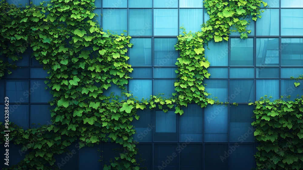 Poster Green building with glass windows and green vines growing up the walls rooftop garden visible Flat design Vector look Digital art Large space for text in center Stock Photo with copy space