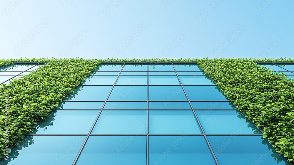 Poster Green building with glass windows and green vines growing up the walls rooftop garden visible Flat design Vector look Digital art Large space for text in center Stock Photo with copy space