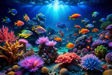 Tropical fish habitats marine bioluminescence glowing corals