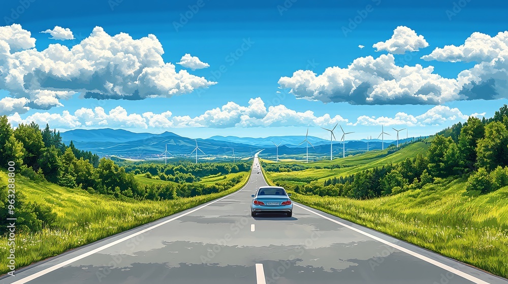 Poster solar-powered car driving on an open road with solar panels along the highway and wind turbines in t