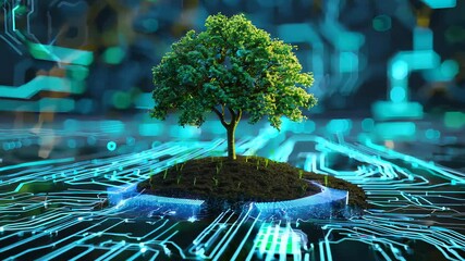 Tree with soil growing on the converging point of computer circuit board. Blue light and wireframe network background. Green Computing, Green Technology, Green IT, csr, and IT ethics Concept