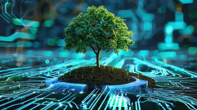Tree with soil growing on the converging point of computer circuit board. Blue light and wireframe network background. Green Computing, Green Technology, Green IT, csr, and IT ethics Concept