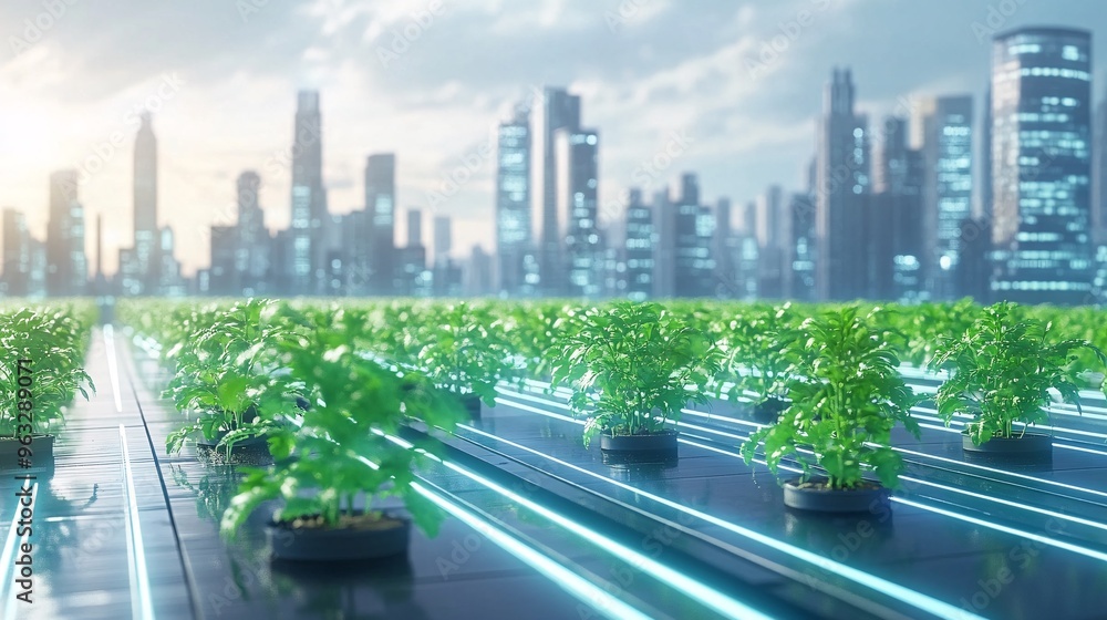 Aufkleber Urban farming on a city rooftop with smart irrigation system controlling water and light for the crops Flat design Vector look Digital art Large space for text in center Stock Photo with copy space