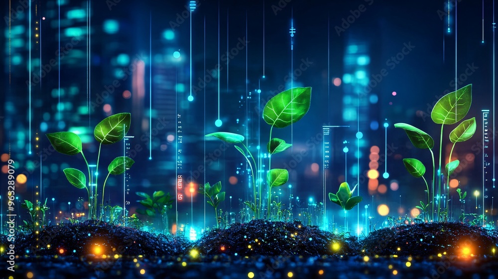 Fototapete High-tech urban farm with rows of plants growing under controlled light and sensors monitoring their growth Flat design Vector look Digital art Large space for text in center Stock Photo with copy