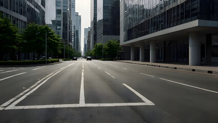 Close up clean empty road on modern office of city building buildings. AI generated image.
