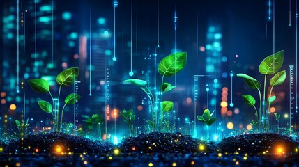 Fototapeta premium High-tech urban farm with rows of plants growing under controlled light and sensors monitoring their growth Flat design Vector look Digital art Large space for text in center Stock Photo with copy