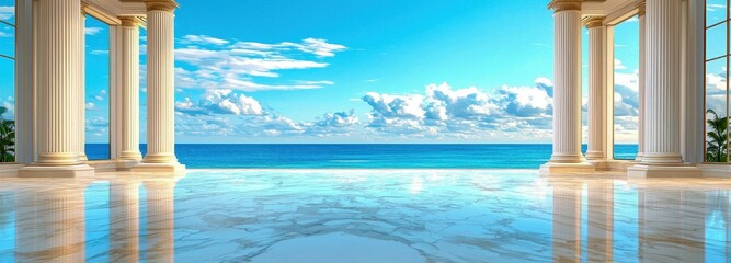 A serene coastal view from a luxurious terrace, featuring marble columns and a bright blue sky with fluffy clouds.