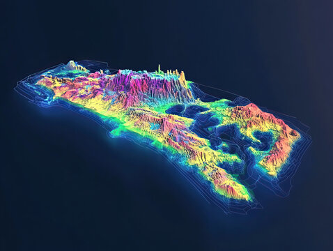 Technical aerial visual, 3D LiDAR GIS aerial map satellite scan model isolated, showing Victoria, Seychelles . Elevation, topography, render