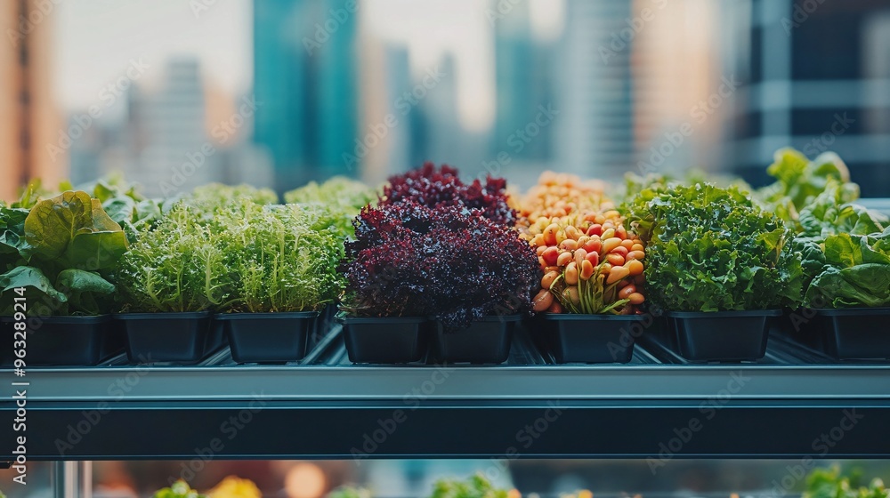 Poster vertical farm in a smart greenhouse in the middle of a busy city sustainable agriculture technology 