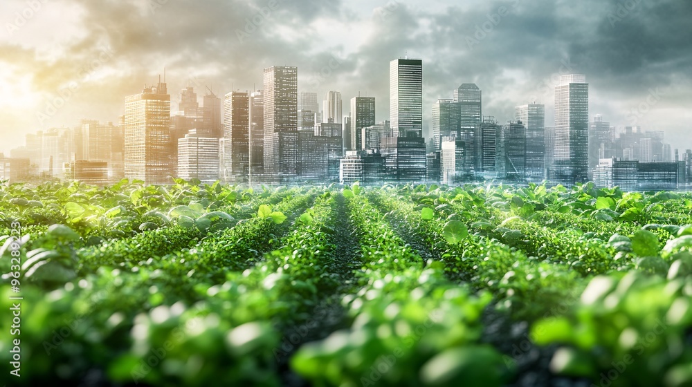 Poster vertical farm in a smart greenhouse in the middle of a busy city sustainable agriculture technology 