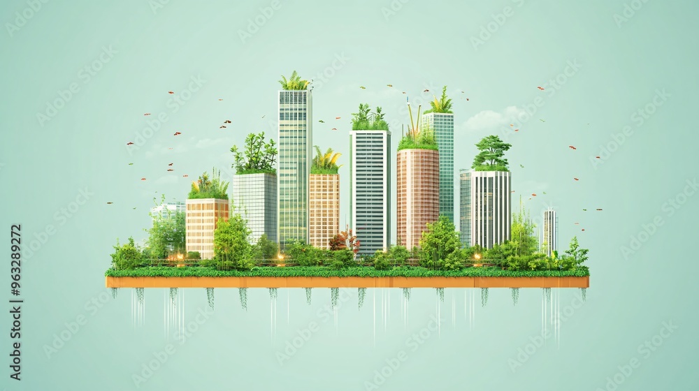 Poster Cityscape with vertical farming towers and automated farming technologies at work Flat design Vector look Digital art Large space for text in center Stock Photo with copy space