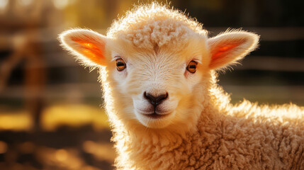 Obraz premium Cute Fluffy Lamb With Big Brown Eyes. Close-Up Portrait Of A Young Sheep.