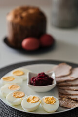 Easter. Easter cake and Easter eggs on a plate. Traditional Ukrainian Easter food. Christian holiday.