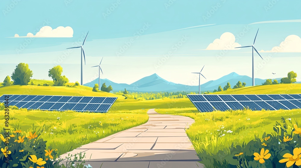 Aufkleber Wind turbines spinning on a hill under a clear sky with solar panels lined up in the valley below Flat design Vector look Digital art Large space for text in center Stock Photo with copy space
