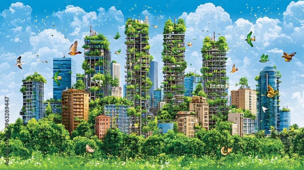 Poster cityscape with vertical farming towers and automated farming technologies at work flat design vector