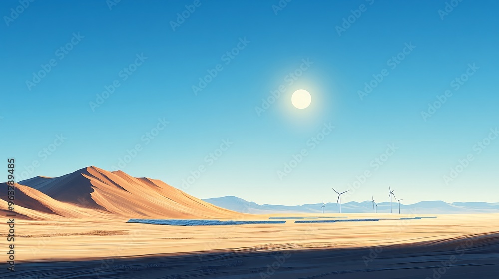 Poster Large solar farm spread across the desert with wind turbines in the background generating clean energy Flat design Vector look Digital art Large space for text in center Stock Photo with copy space