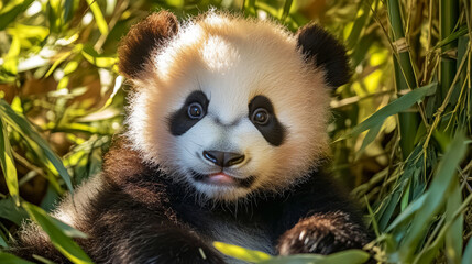 Fototapeta premium Curious Panda Cub Hiding In Bamboo Forest