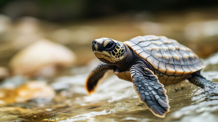 A baby sea turtle crawls through shallow water, its tiny flippers pushing it forward.  the ripples left behind create a beautiful pattern.